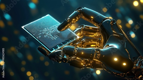 A robot is holding a computer chip in its hand
