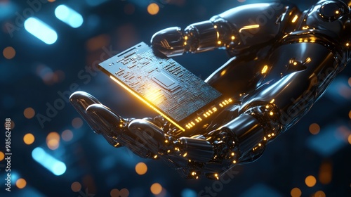 A robot is holding a computer chip in its hand