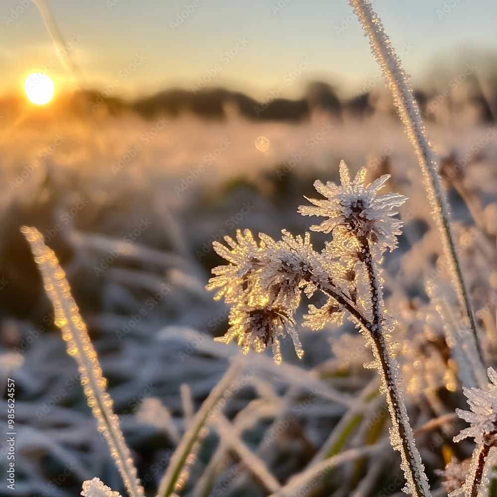 Obraz premium Frosty mornings in a quiet countryside, where ice crystals glisten on blades of grass and the sun begins to rise.