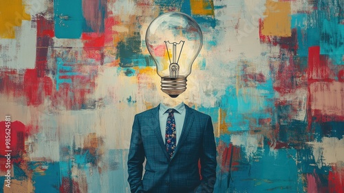 A man with a lightbulb for a head in a suit standing in front of a colorful abstract background.