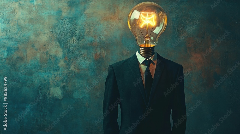 A man with a light bulb for a head is dressed in a suit and tie, against a green textured background. A man with a light bulb for a head is dressed in a suit and tie, against a green textured background.