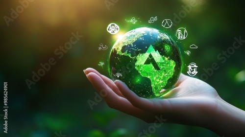 A hand holding a globe with a green planet and a green tree on it