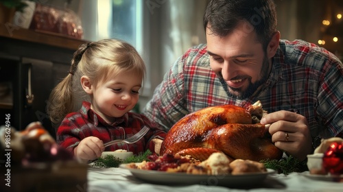 family father and child eat turkey roast in thansgiving and christmas day transparent background photo