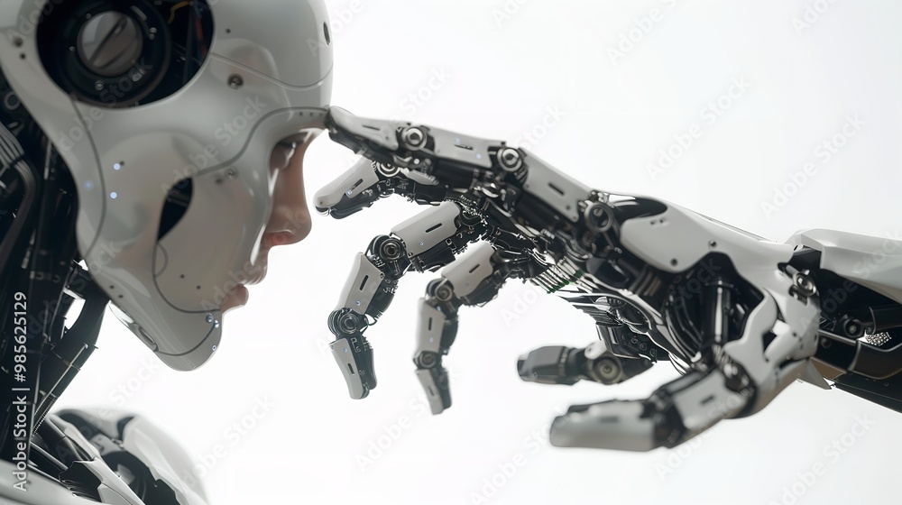Fototapeta premium Robot and Human Hand Touching Their Index Finger Gesture