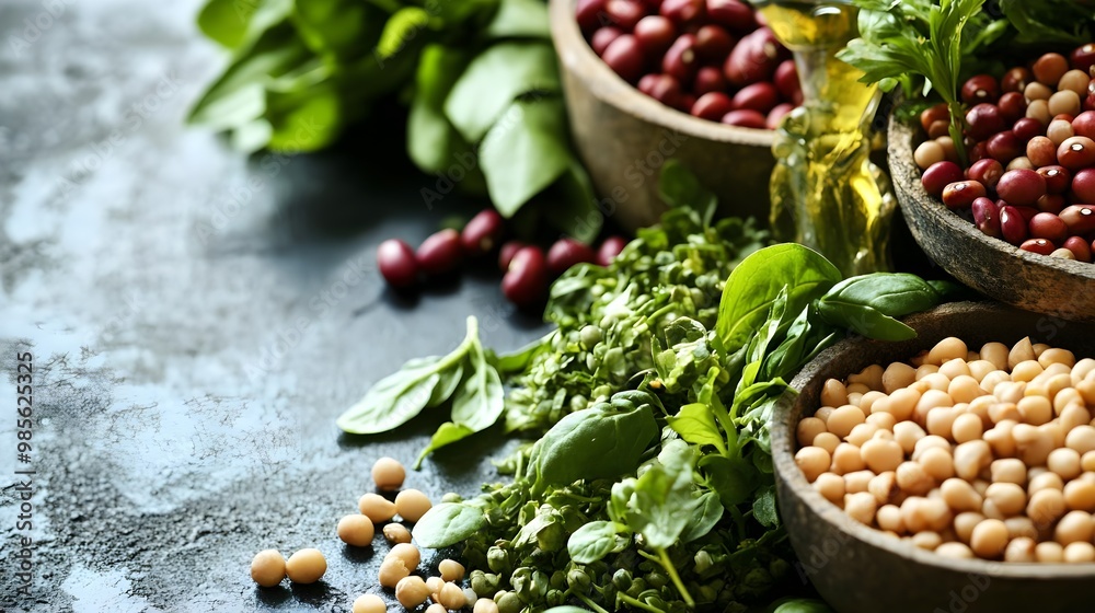 Bowls of colorful legumes and fresh herbs. Bowls of colorful legumes and fresh herbs.