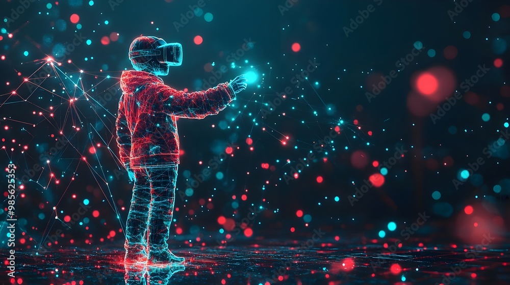 Fototapeta premium Boy with virtual reality headset, immersive experience