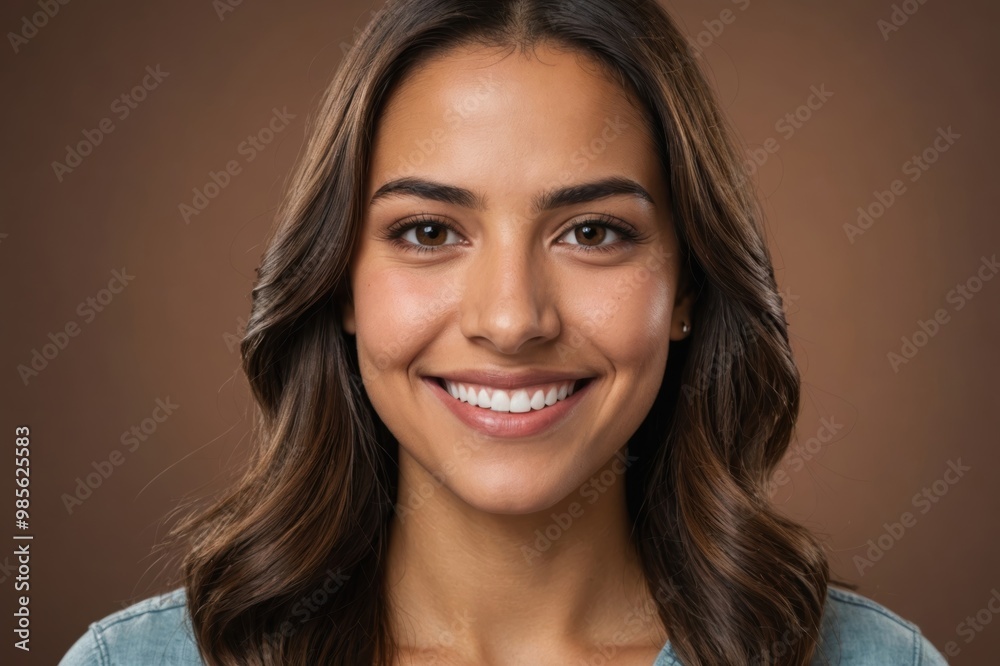 Full framed very close face portrait of a smiling young hispanic woman with brown eyes looking at the camera, studio shot,brown background. Full framed very close face portrait of a smiling young hispanic woman with brown eyes looking at the camera, studio shot,brown background.