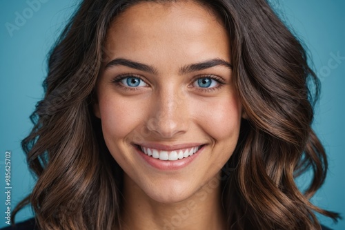 Full framed very close face portrait of a smiling young hispanic woman with blue eyes looking at the camera, studio shot,blue background.