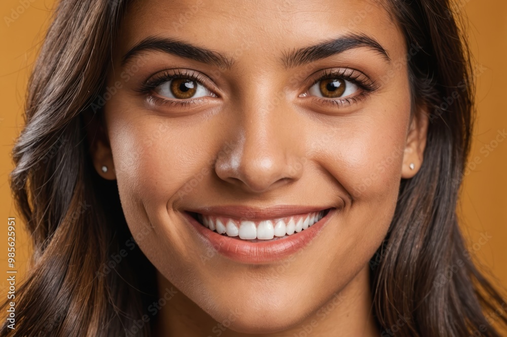 Full framed very close face portrait of a smiling young hispanic woman with amber eyes looking at the camera, studio shot,amber background.