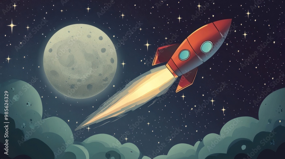 A red rocket ship flies through space with a large moon and stars in the background. A red rocket ship flies through space with a large moon and stars in the background.