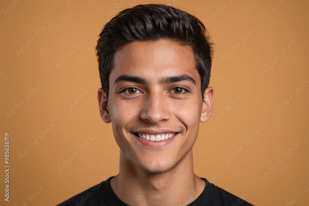 Fototapeta premium Full framed very close face portrait of a smiling young hispanic non binary with amber eyes looking at the camera, studio shot,amber background.