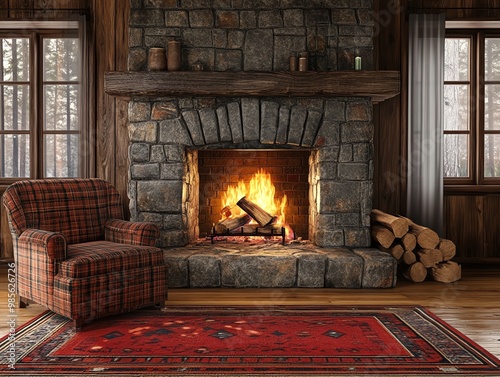 Cozy cabin living room with fireplace and armchair.