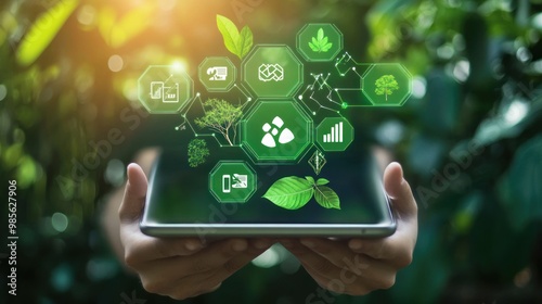 A tablet is being held up to a green background with a variety of icons