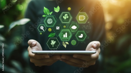 A tablet is being held up to a green background with a variety of icons