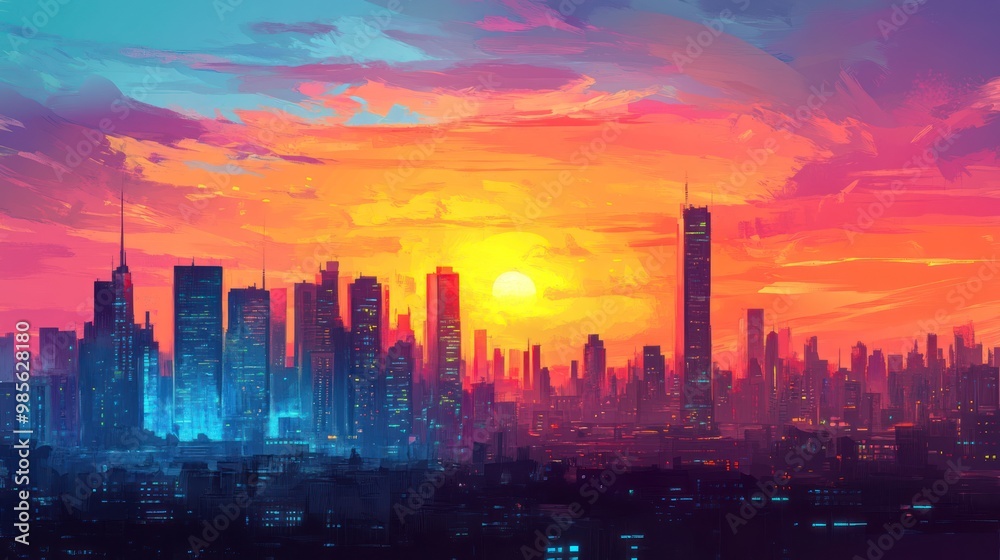 A vibrant cityscape silhouetted against a colorful sunset sky. A vibrant cityscape silhouetted against a colorful sunset sky.