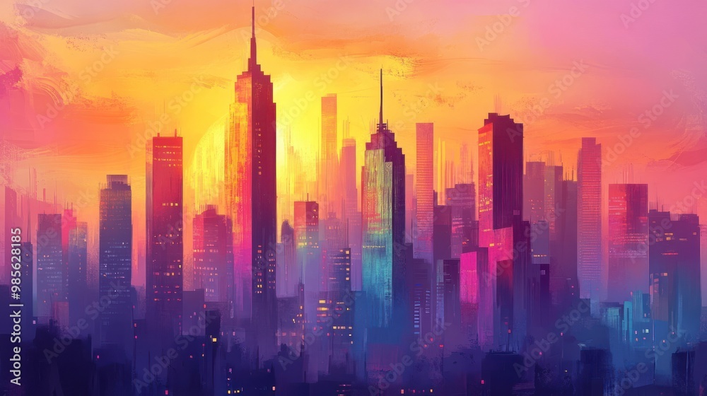 A vibrant cityscape with a colorful sunset in the background, the city lights create a beautiful atmosphere. A vibrant cityscape with a colorful sunset in the background, the city lights create a beautiful atmosphere.