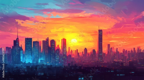 A vibrant cityscape silhouetted against a colorful sunset sky.