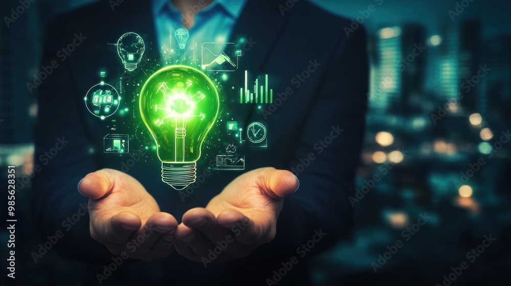 A man is holding a green light bulb in his hand A man is holding a green light bulb in his hand