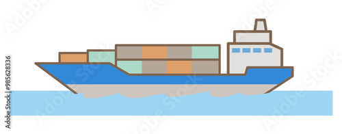 輸送用コンテナを積んだ大型貨物船が海を航行するベクター イラスト