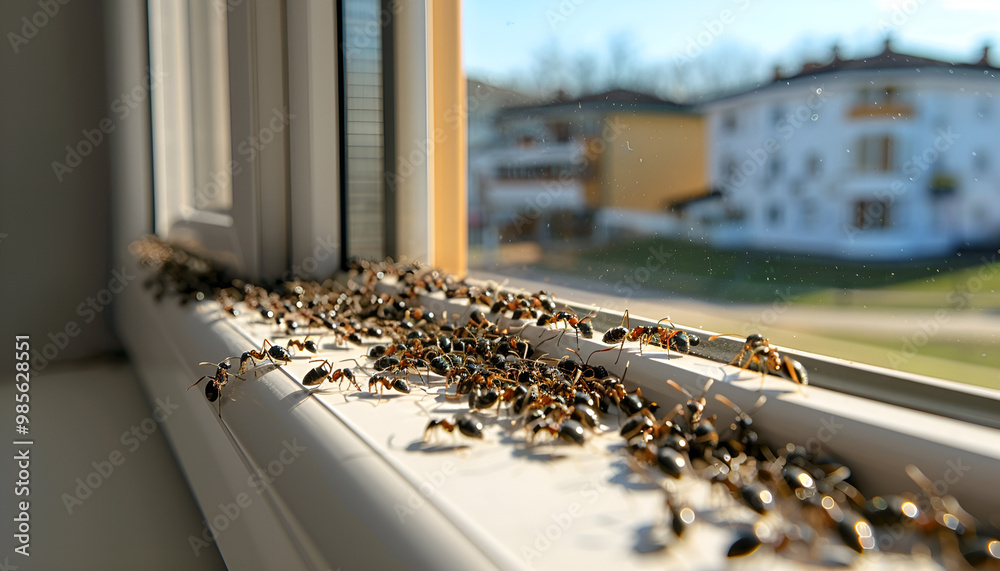 large group of ants inspeing a windowsill in a home, emphasizing their organized trail and busy nature large group of ants inspeing a windowsill in a home, emphasizing their organized trail and busy nature