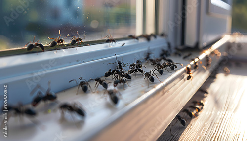 large group of ants inspeing a windowsill in a home, emphasizing their organized trail and busy nature