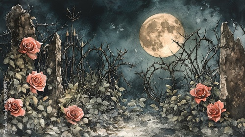 A haunting moonlit garden with pink roses and thorns, evoking a mystical and eerie atmosphere.