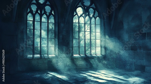 A dark, atmospheric interior featuring gothic windows, with beams of light piercing through the mist, creating an eerie yet enchanting ambiance.