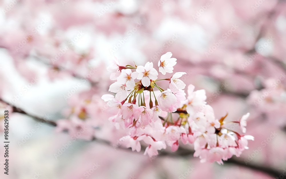 Fototapeta premium A close-up of delicate pink cherry blossoms blooming on a branch, with a soft blurred background of more blossoms.