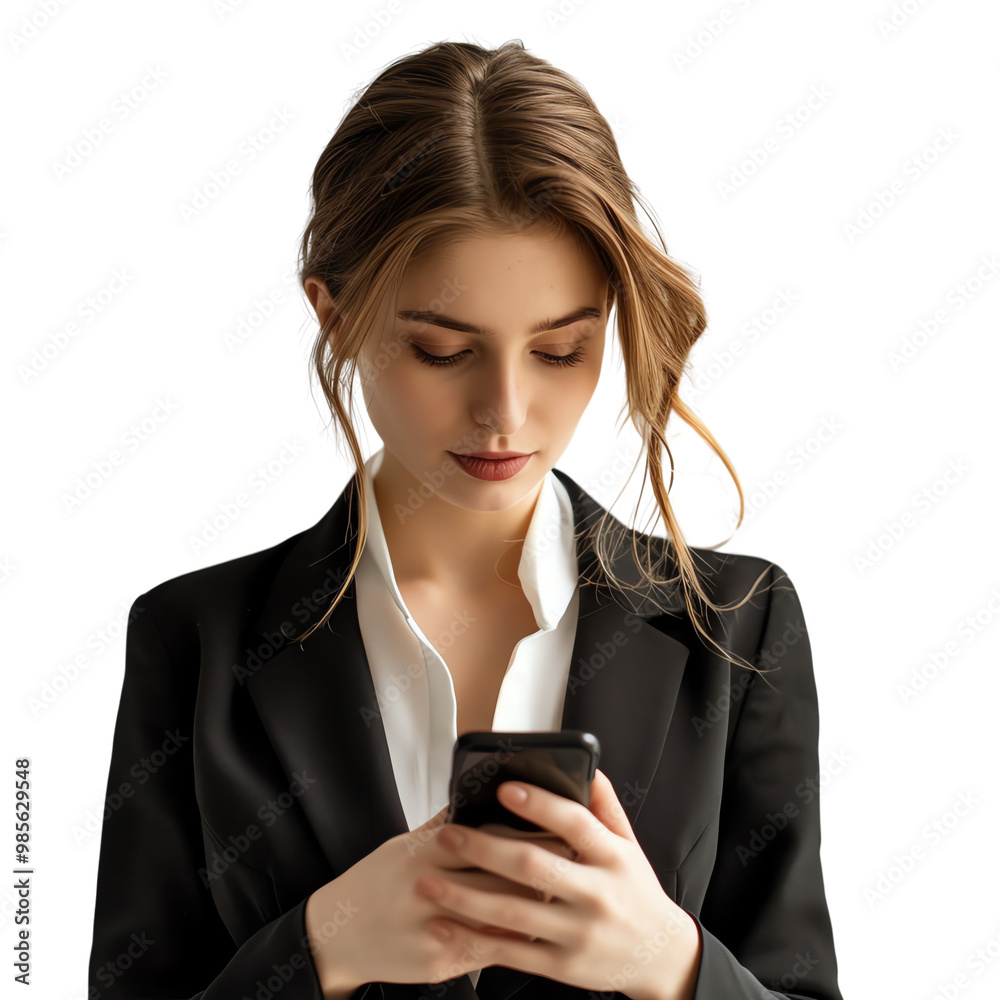Young professional woman in a black suit, focused on her smartphone, isolated on white background. Young professional woman in a black suit, focused on her smartphone, isolated on white background.