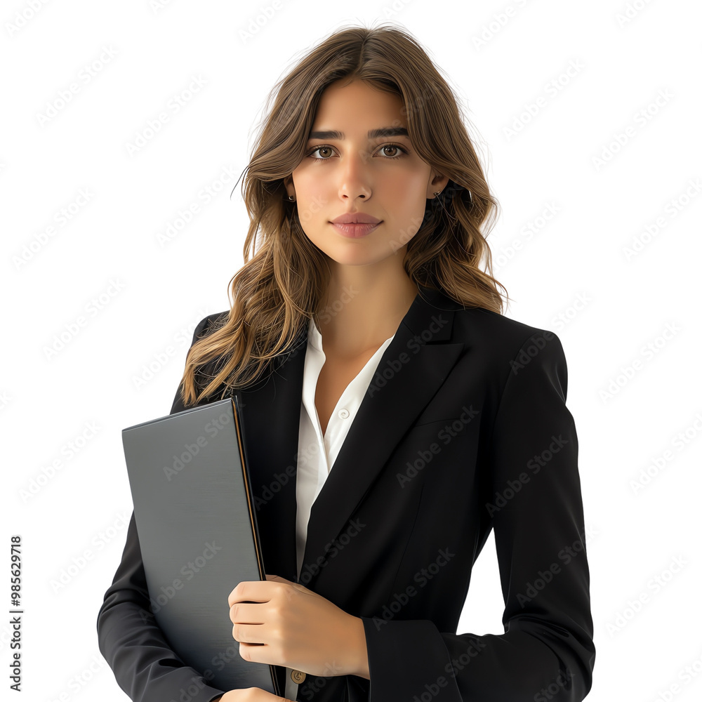 Young professional woman in a business suit holding a folder, isolated on white background, looking confident and focused. Young professional woman in a business suit holding a folder, isolated on white background, looking confident and focused.