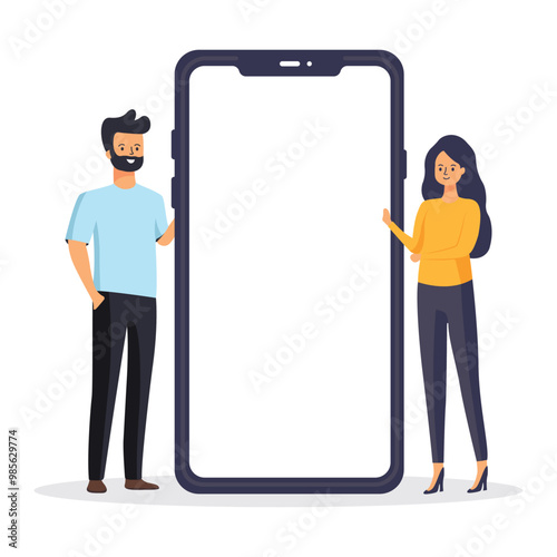 a man and a woman are standing next to a phone.