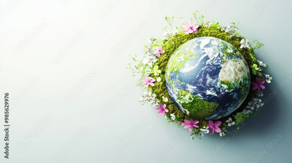 A planet with flowers and grass surrounding it A planet with flowers and grass surrounding it