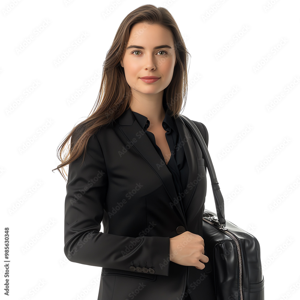 Confident businesswoman in a black suit holding a leather briefcase, ready for a professional meeting or corporate event. Confident businesswoman in a black suit holding a leather briefcase, ready for a professional meeting or corporate event.