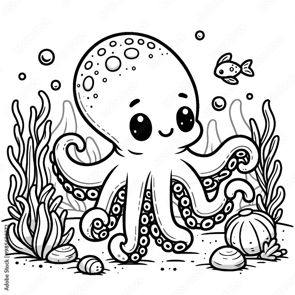 A simple line drawing of a cartoon octopus is presented against a background of seaweed and ocean rocks. There are also some small bubbles and a fish swimming nearby, the underwater atmosphere. A simple line drawing of a cartoon octopus is presented against a background of seaweed and ocean rocks. There are also some small bubbles and a fish swimming nearby, the underwater atmosphere.