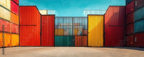 Cargo containers blocked by large iron gates at the borders, symbolizing economic protectionism photo