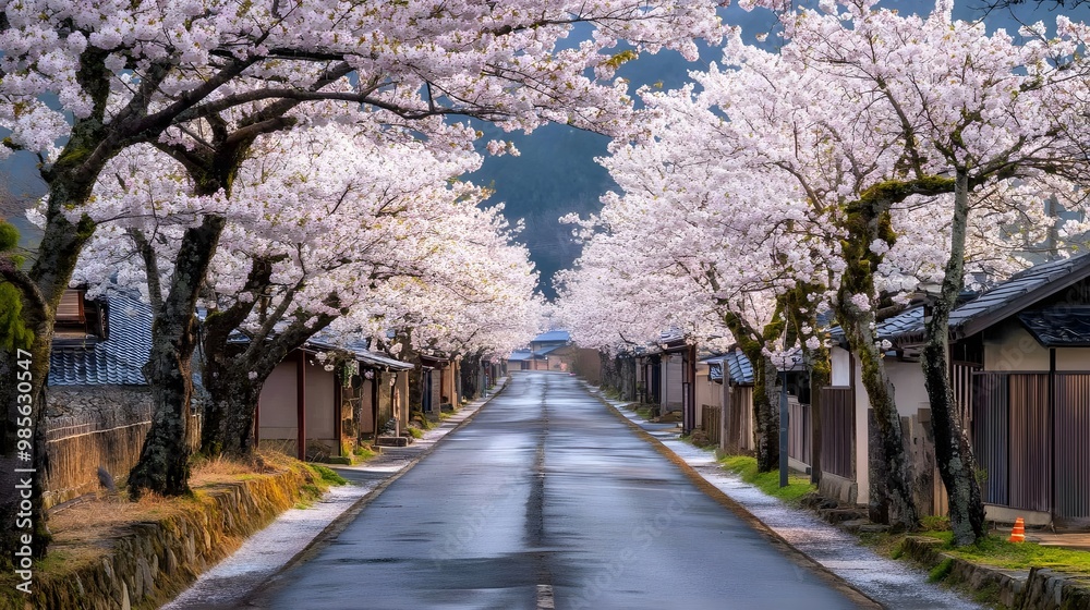 Cherry blossom trees lining a tranquil street. Cherry blossom trees lining a tranquil street.