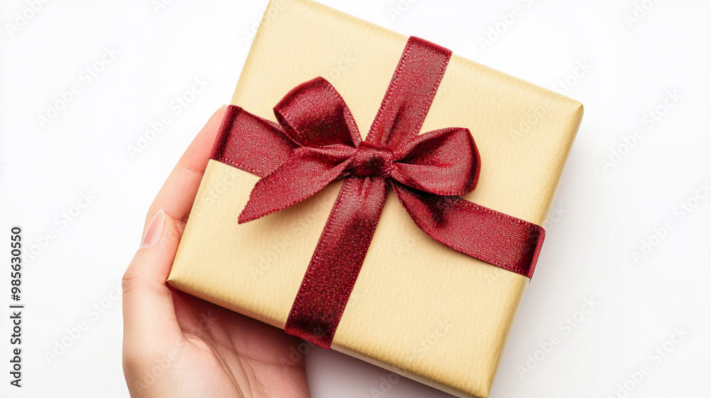 A close-up of a hand delicately holding a beautifully wrapped gift with a shiny ribbon, isolated on white background A close-up of a hand delicately holding a beautifully wrapped gift with a shiny ribbon, isolated on white background