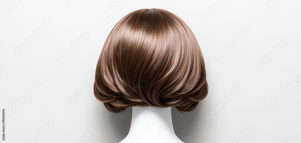 Short brown wig on display, captured from all sides on a white mannequin head, perfect for hair fashion and styling Short brown wig on display, captured from all sides on a white mannequin head, perfect for hair fashion and styling