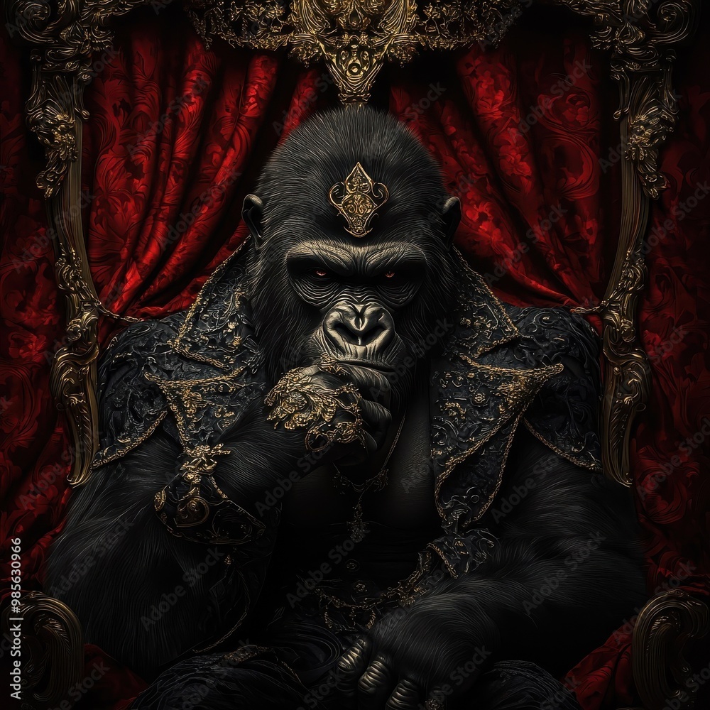 Gorilla with luxurious curtains in a grand, opulent setting. Gorilla with luxurious curtains in a grand, opulent setting.