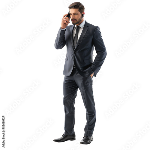 Professional businessman in a suit talking on a mobile phone, isolated on white background. Confident and stylish in formal wear.