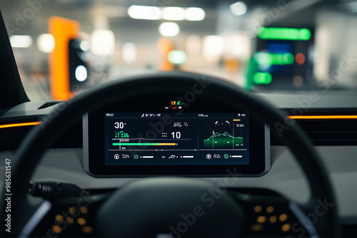 detailed image of an electric vehicle's dashboard displaying energy consumption stats, with a backdrop of a charging station in a clean and efficient design. photo