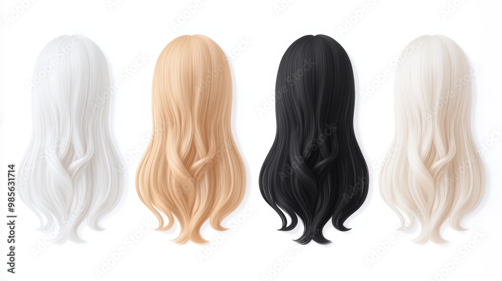 Variety of long wavy wigs in multiple shades, featuring realistic texture and shine, perfect for beauty and fashion themes Variety of long wavy wigs in multiple shades, featuring realistic texture and shine, perfect for beauty and fashion themes