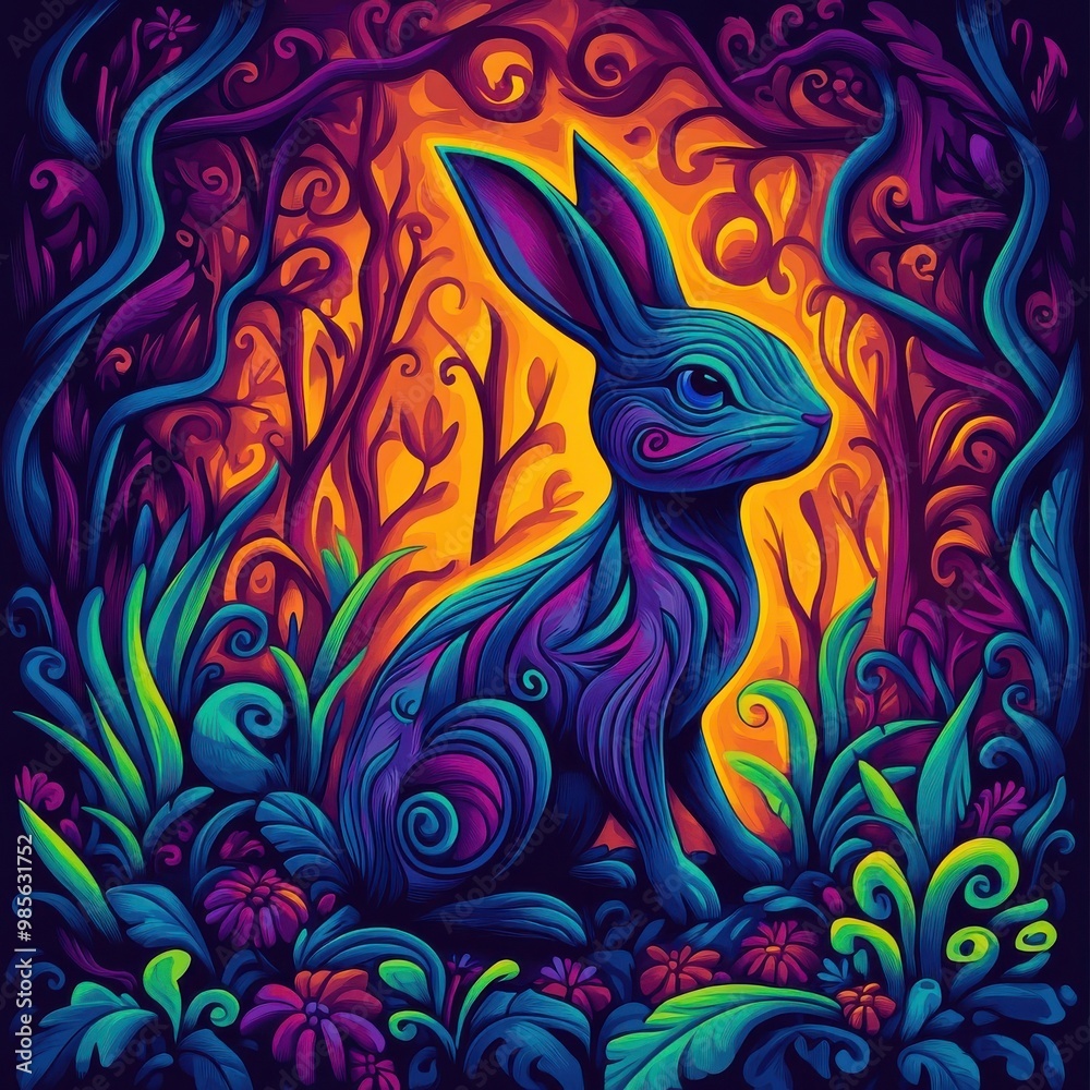 Obraz premium Surreal rabbit in a dreamlike forest, surrounded by fantastical elements and vibrant, otherworldly colors.