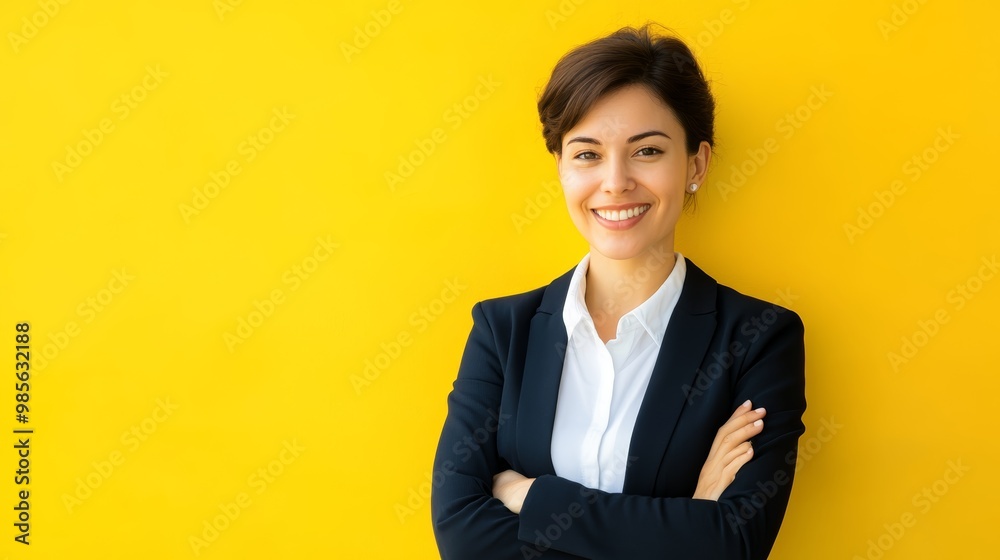 Confident Businesswoman Smiling Against Yellow Background Confident Businesswoman Smiling Against Yellow Background
