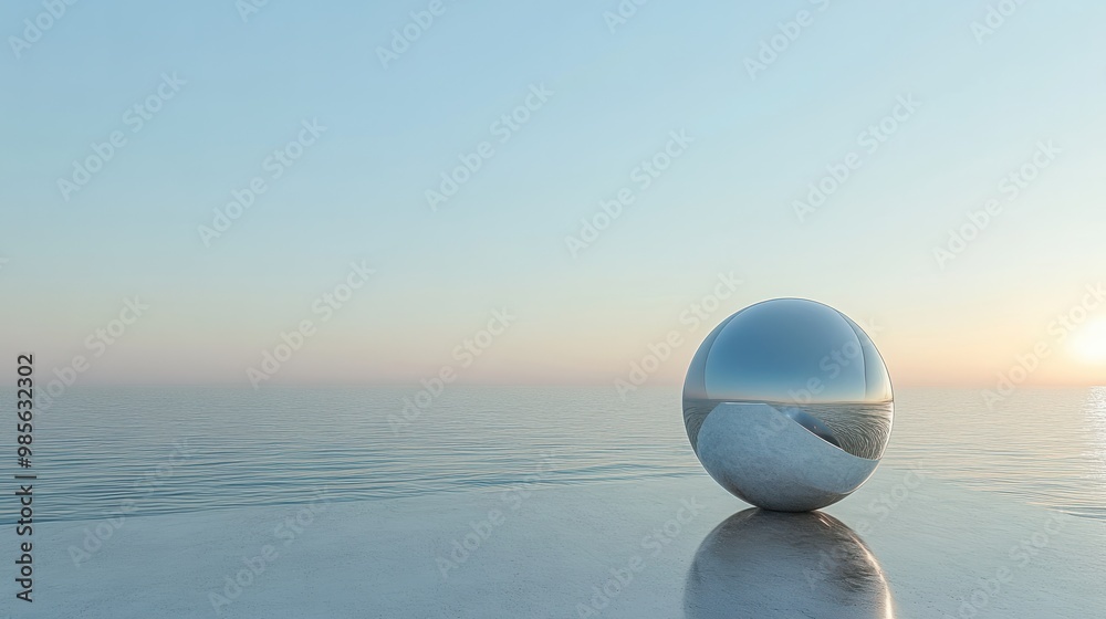 A 3D render with an abstract minimalist background, a futuristic landscape, a wonderful seascape with calm waters, a polished chrome ring and a silver ball under the plain gradient sky. A 3D render with an abstract minimalist background, a futuristic landscape, a wonderful seascape with calm waters, a polished chrome ring and a silver ball under the plain gradient sky.