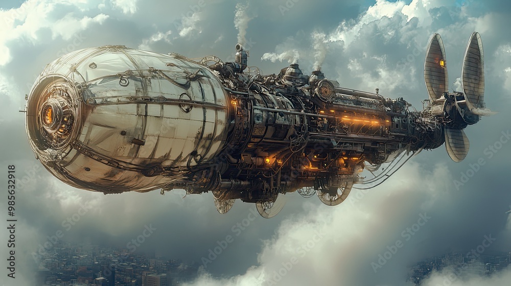 A Steampunk Airship Soaring Above a Foggy City A Steampunk Airship Soaring Above a Foggy City
