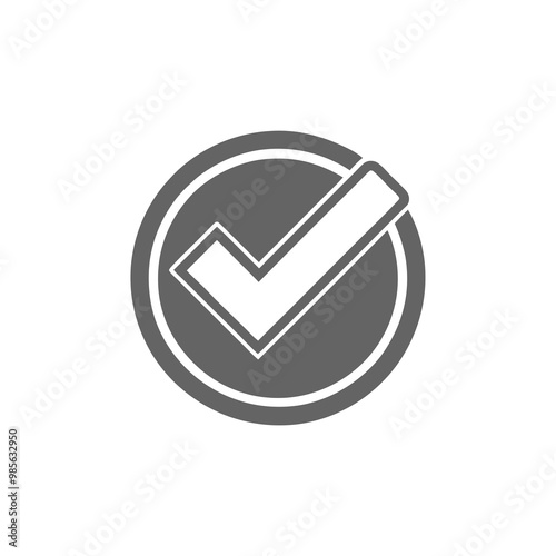 Illustration of dark grey check mark inside circle on white background for design purposes with copy space