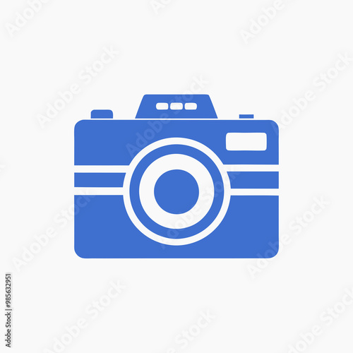 Camera illustration in blue color on white background for photography design purpose with copy space