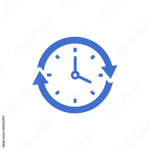 Clock illustration in blue color with arrows on white background for time management design purpose with copy space