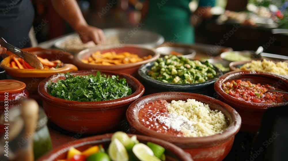 Clay Bowls with Fresh Ingredients at a Food Stall Clay Bowls with Fresh Ingredients at a Food Stall